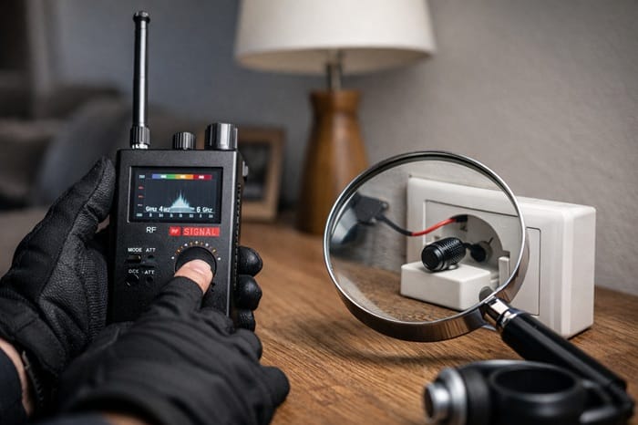 Detección de micrófono oculto en vivienda realizada con equipos profesionales de barrido electrónico.