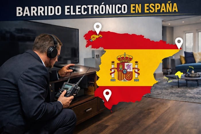 Barrido electrónico en España con técnico TSCM analizando un domicilio mediante equipos de detección de dispositivos espía.