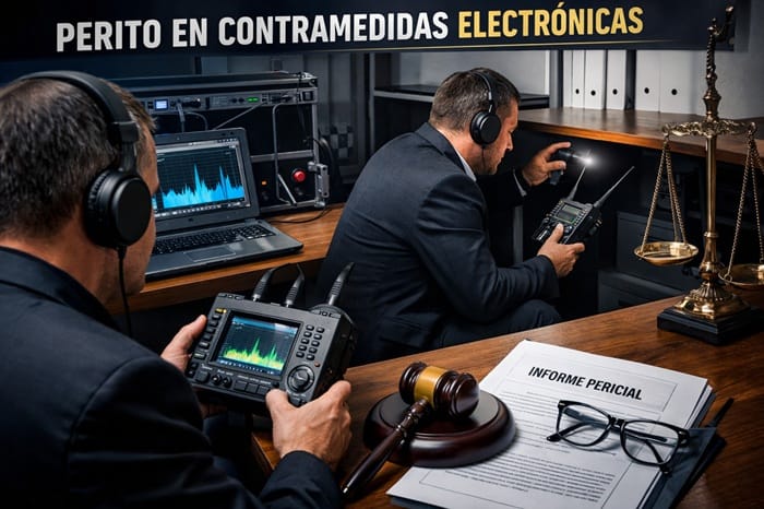 Perito en contramedidas electrónicas durante un barrido electrónico TSCM con analizador de espectro y enfoque pericial jurídico.