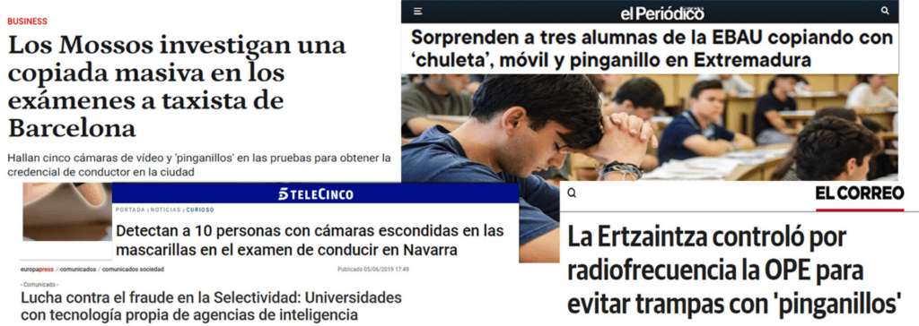 Titulares de prensa sobre detección de fraude en exámenes oficiales mediante pinganillos y cámaras ocultas en España